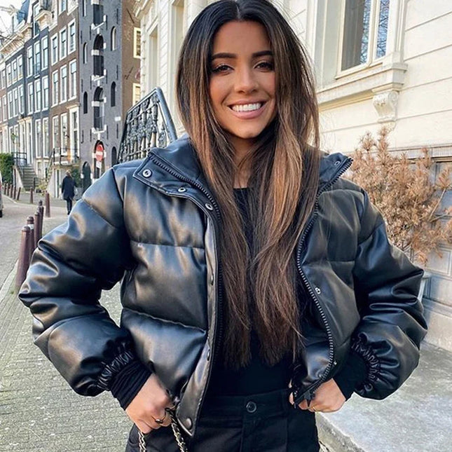 Women's Short PU Leather Parka -  Cotton Padded Down Jacket