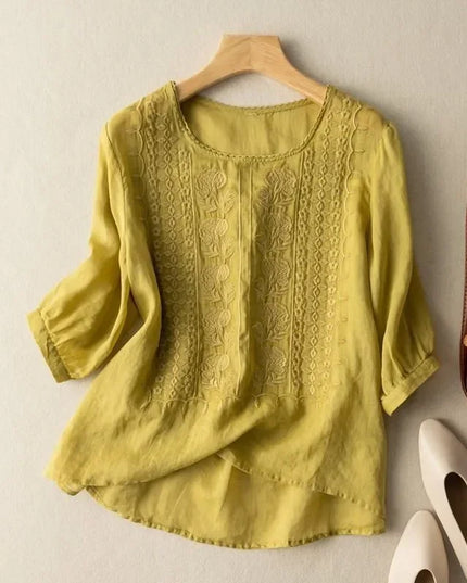 Women's Retro O-Neck Embroidered Half Sleeve Loose Casual Ruched Cotton Blouse