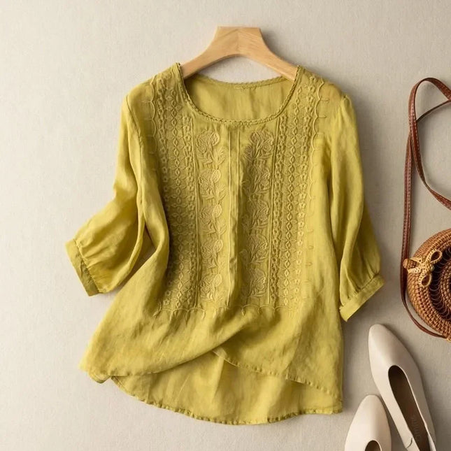 Women's Retro O-Neck Embroidered Half Sleeve Loose Casual Ruched Cotton Blouse