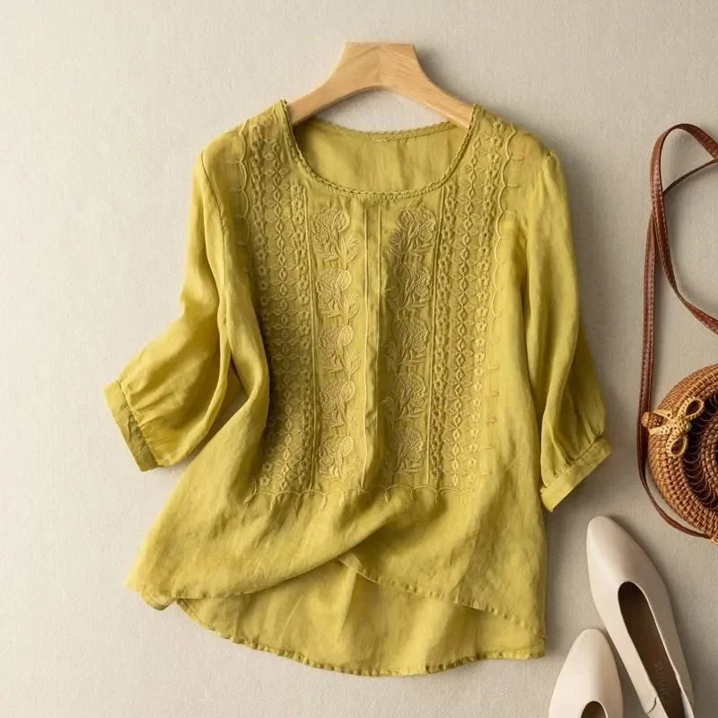 Women's Retro O-Neck Embroidered Half Sleeve Loose Casual Ruched Cotton Blouse