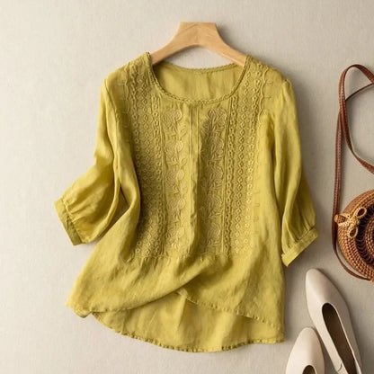 Women's Retro O-Neck Embroidered Half Sleeve Loose Casual Ruched Cotton Blouse