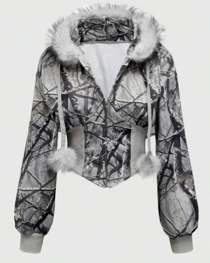 Gothic Print Women's Faux Fur Crop Zip-Up Hoodie Jacket