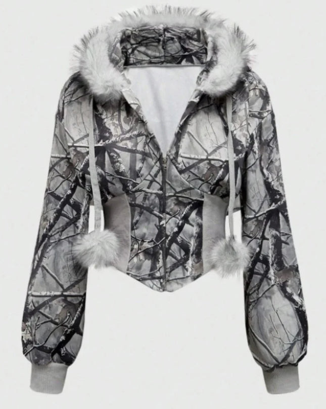 Gothic Print Women's Faux Fur Crop Zip-Up Hoodie Jacket