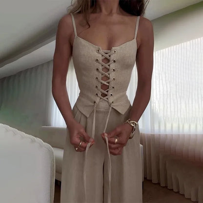 Women's Two-Piece Slim Fit Chic Sleeveless Bandage Tank Top & Wide-Leg Pants Se