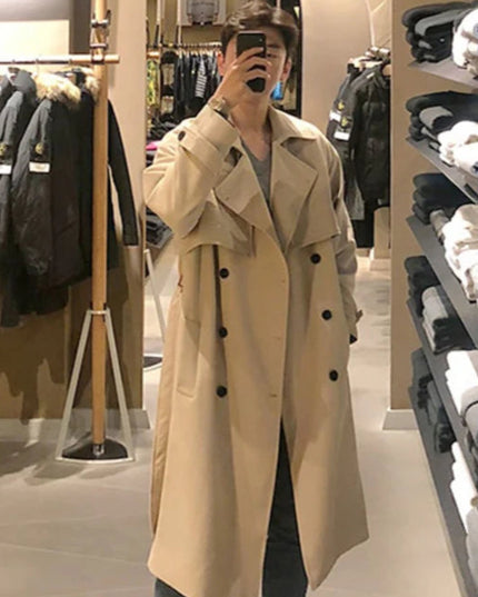 Mens Double-Breasted  Belted Trench Coat with Lapels