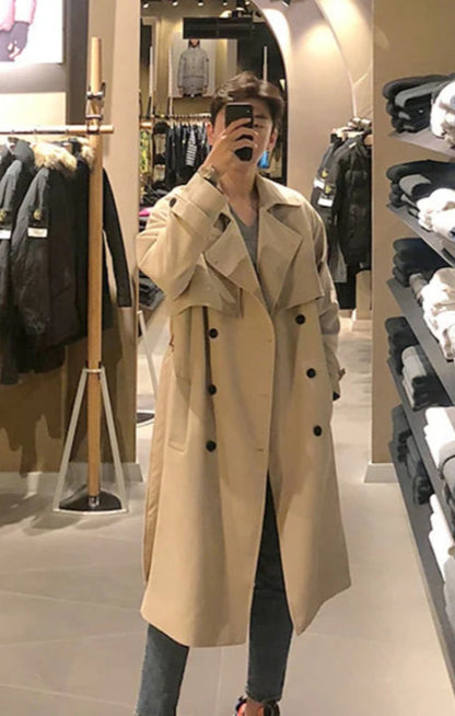 Mens Double-Breasted  Belted Trench Coat with Lapels