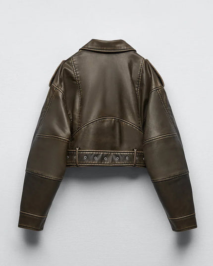 Vintage-Inspired Women’s Loose Faux Leather Short Jacket with Belt and Zipper
