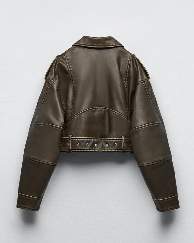 Vintage-Inspired Women’s Loose Faux Leather Short Jacket with Belt and Zipper