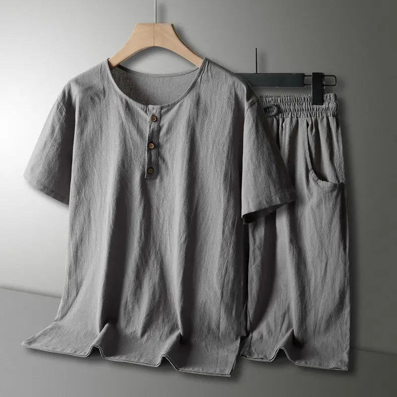 Men’s Two-Piece Button T-Shirt and Shorts Set - Relaxed Fit, Round Neck