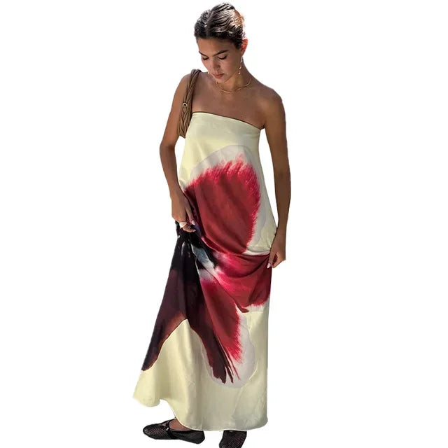 Women's Floral Off-Shoulder Strapless Backless Maxi Dress – Loose Fit