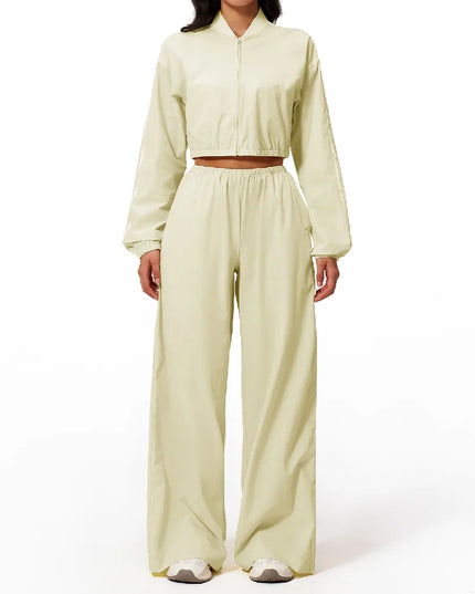 Women’s Two-Piece Set: Zipper Hooded Cropped Jacket and Wide-Leg Pants