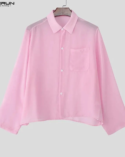 INCERUN Men's Chiffon Lapel Long Sleeve See-Through Loose Shirt