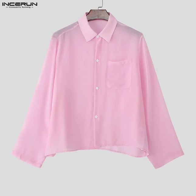 INCERUN Men's Chiffon Lapel Long Sleeve See-Through Loose Shirt