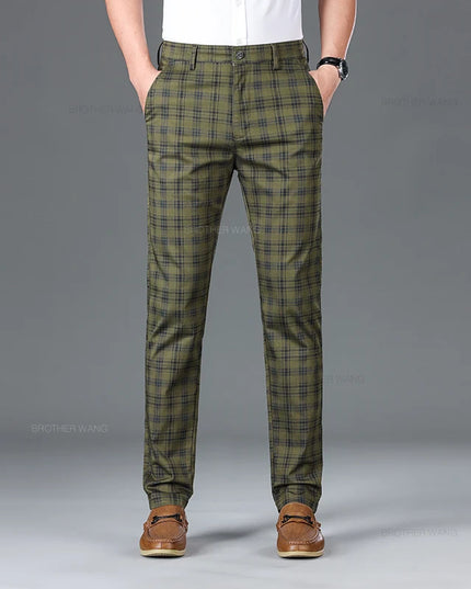 Slim Fit Cotton Plaid Stretch Trousers for Men