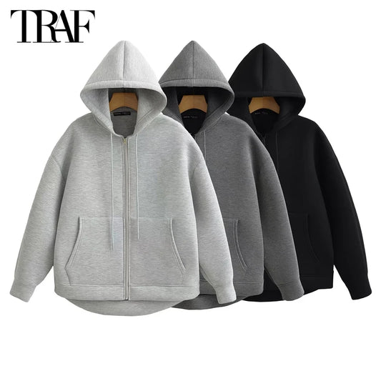 TRAF KEYANKETIAN Unisex Oversized Zipper Hoodie with Double Pockets