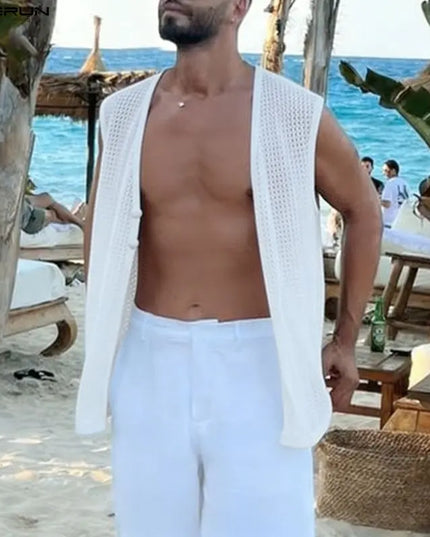 Men's Summer Tank Top with Solid Design, Hollow Out, See-Through Style, and Button Detail