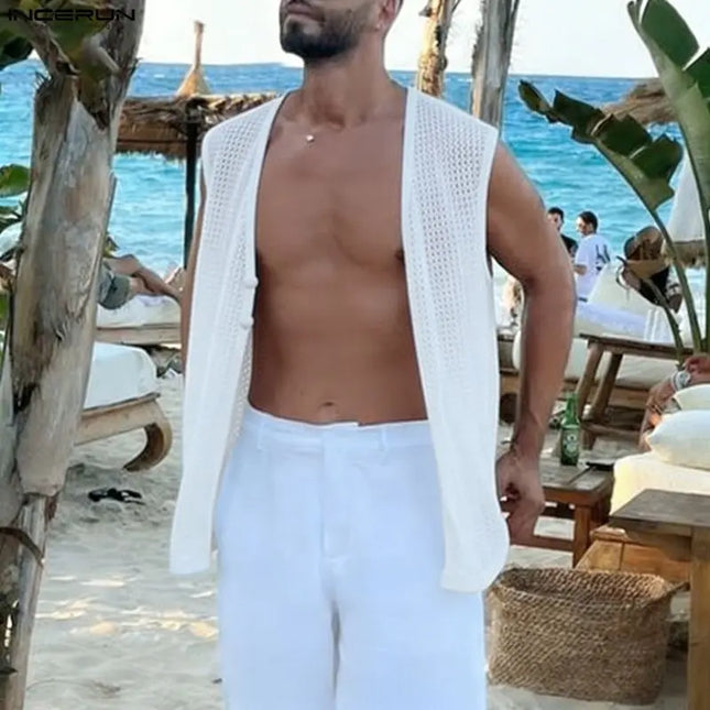 Men's Summer Tank Top with Solid Design, Hollow Out, See-Through Style, and Button Detail