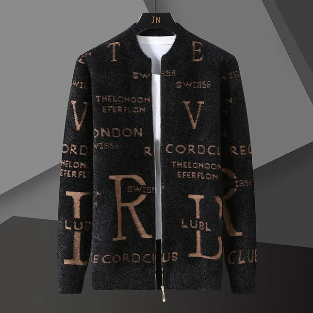 Retro Jacquard Men's Cardigan Jacket with Stand-Up Collar