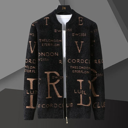 Retro Jacquard Men's Cardigan Jacket with Stand-Up Collar