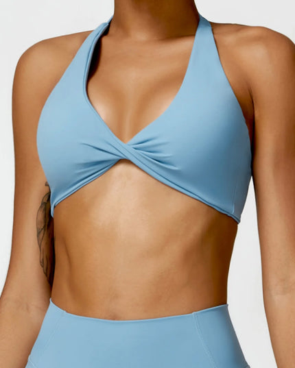 Women's Nylon Halter Sports Bra with Front Twist, Padded and Supportive Bralette for Activewear
