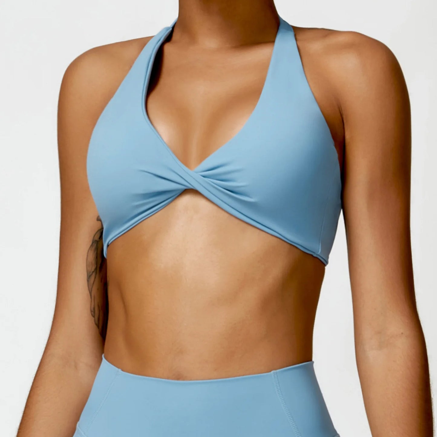 Women's Nylon Halter Sports Bra with Front Twist, Padded and Supportive Bralette for Activewear