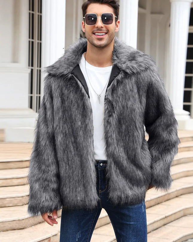 Men's Thick Fluffy Faux Fur Coat with Long Sleeves