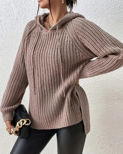 Women's Hooded Sweater with Raglan Sleeves and Split Hem Design