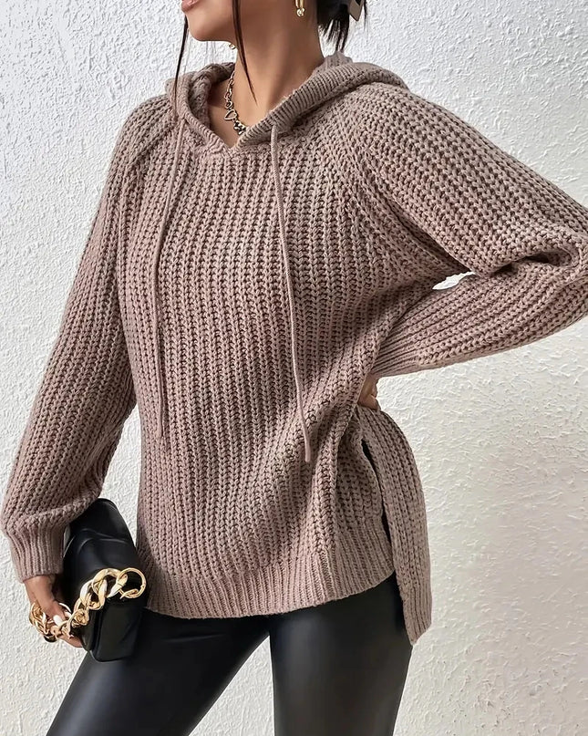 Women's Hooded Sweater with Raglan Sleeves and Split Hem Design