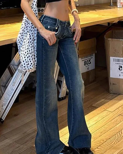 Vintage High Street Low-Waisted Wide Leg Flared Denim Jeans for Women