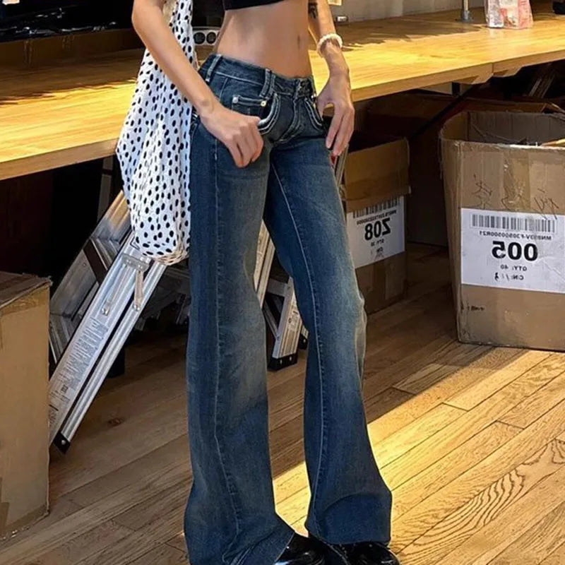 Vintage High Street Low-Waisted Wide Leg Flared Denim Jeans for Women