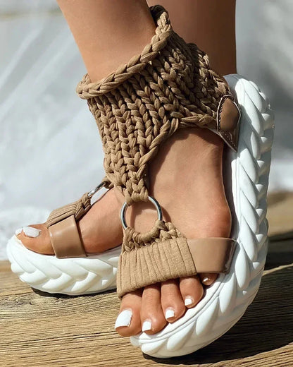 Gold Knitted Women's Sandals - Braided Elastic Mesh Flat Bottom Shoes