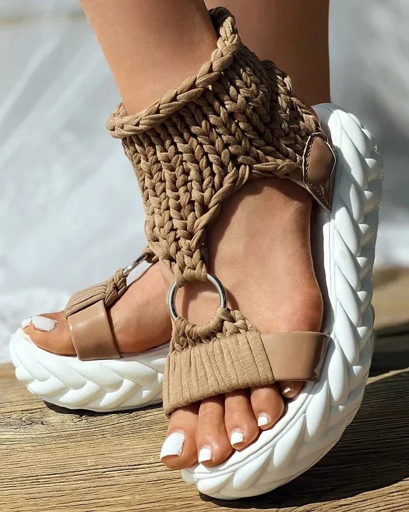 Knitted Women's Sandals with Braided Elastic and Mesh, Flat Bottom Design