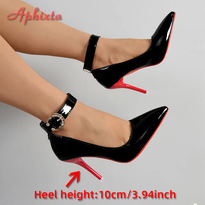 Aphixta Women's Metal Belt Buckle Strap - 10cm Stiletto Heel Shoes for Women