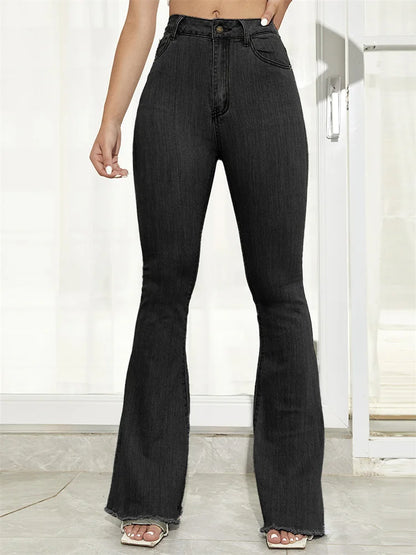 High Waist Women's Flare Jeans with Button Fly - Slim Fit Denim Pants