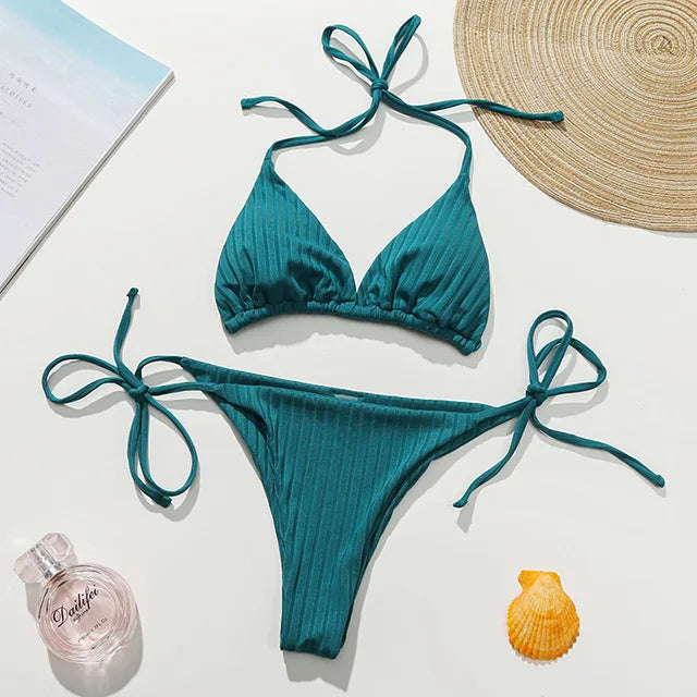 Women's Ribbed Halter Micro Thong Bikini Set - Two-Piece Swimsuit with Mini String Design
