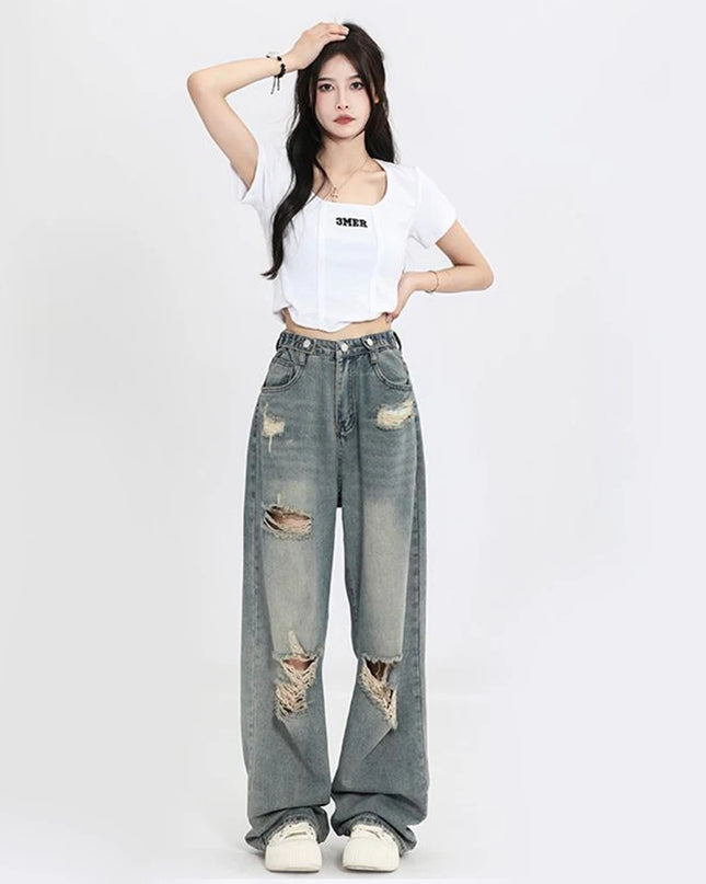 Women's Retro High-Waisted Loose Straight-Leg Jeans with Hole Punched Design