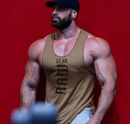 Men's "Raw Gear" Graphic Cotton Stringer Tank Top - Various Colors