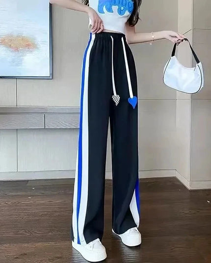 Women’s High Waist Elastic Sweatpants with Drawstring & Striped Design