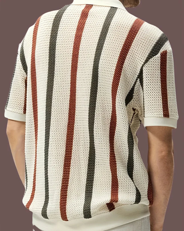 Men's Short Sleeve V-Neck Polo Shirt with Stripes