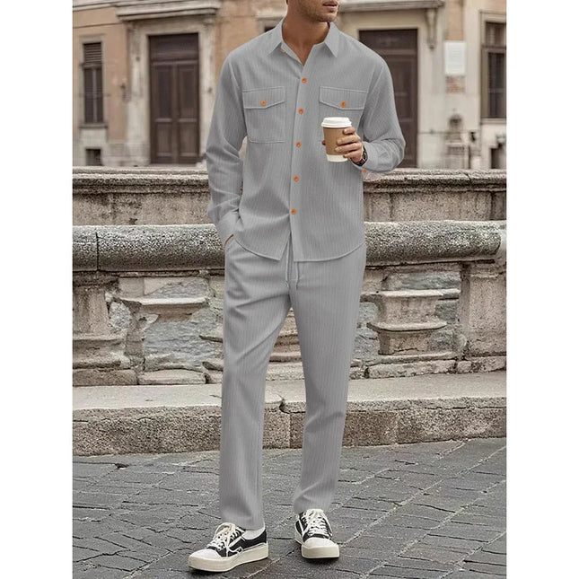 Men's Two-Piece Corduroy Casual Suit – Long-Sleeved Shirt and Long Pants Set