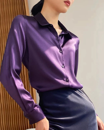 Elegant Satin Women's Blouse with Long Sleeves and Turn-down Collar