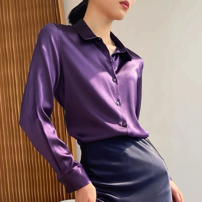 Elegant Satin Women's Blouse with Long Sleeves and Turn-down Collar