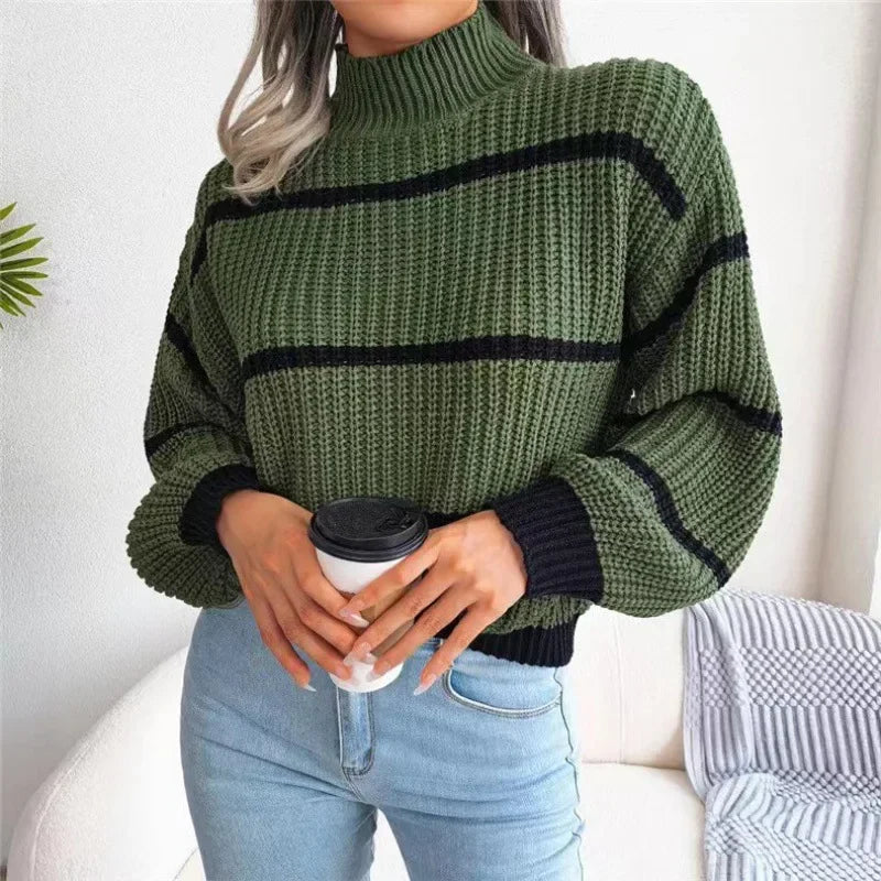 Women's Striped Sweater with Half High Collar