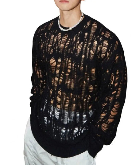 Men's Hollow-Out Mesh Knit Crew Neck Long Sleeve Sweater