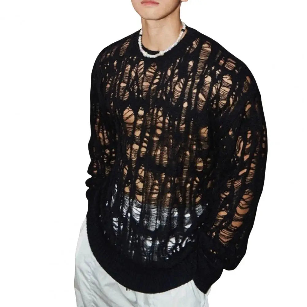 Men's Hollow-Out Mesh Knit Crew Neck Long Sleeve Sweater