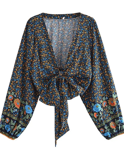 Women’s Floral Print Rayon Bohemian Blouse Shirt - Loose Fit Crop Top