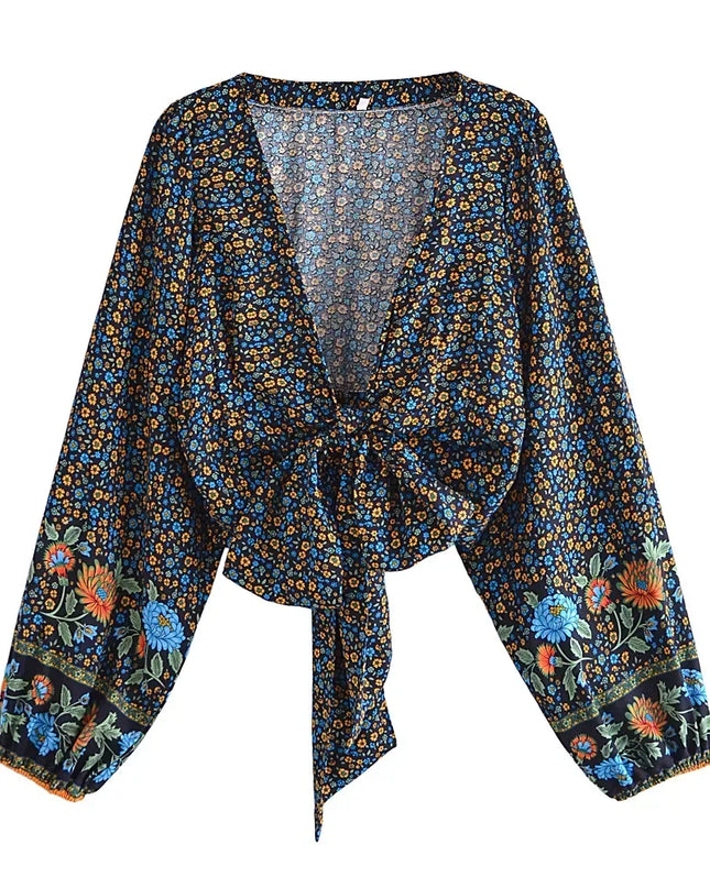 Women’s Floral Print Rayon Bohemian Blouse Shirt - Loose Fit Crop Top