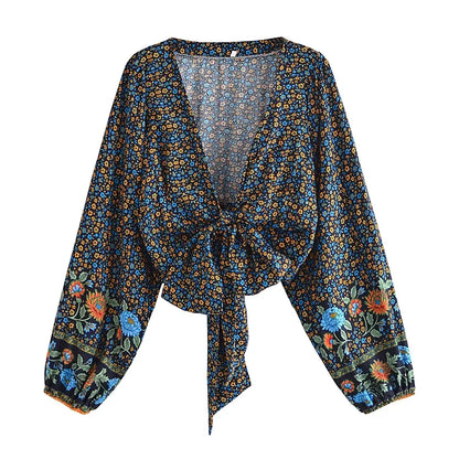 Women’s Floral Print Rayon Bohemian Blouse Shirt - Loose Fit Crop Top