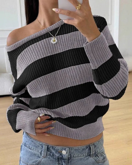 Women's Striped Knitted Sweater with Round Neck