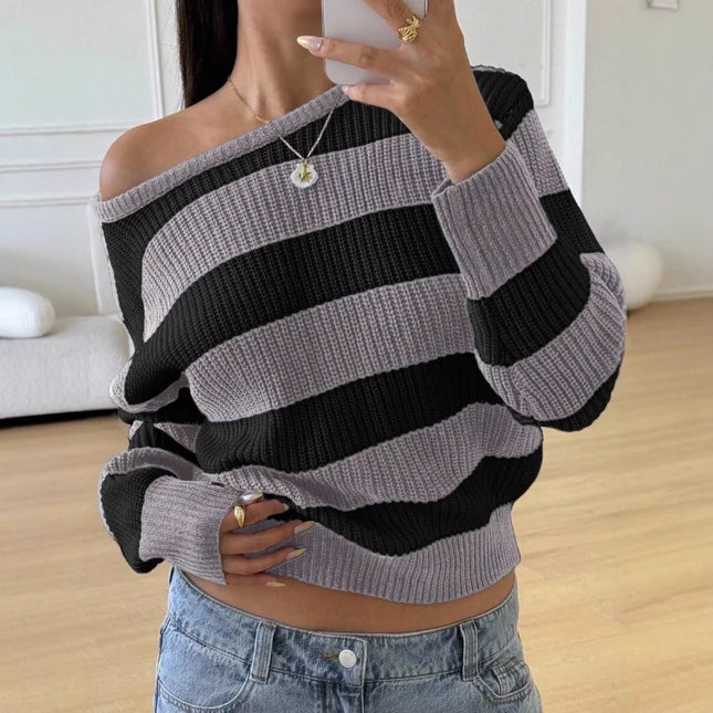 Women's Striped Knitted Sweater with Round Neck